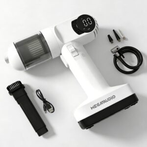 MEGAAUDIO MATI07 3-in-1 Cordless Car Air Pump: 12V Mini Air Compressor, Tire Inflator & Vacuum Cleaner, LED Light, 50-100 PSI, 2000mAh Battery, 50cm Hose, 60W, Fills 3 Tires Non-Stop, 25-Min Runtime