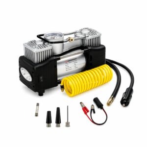 MEGAAUDIO MATI09 12V Double Cylinder Air Compressor Pump | 144W, 12A, 100 PSI with Auto Shut-Off, LED Light, and Multiple Valve Adaptors for Cars, Bikes, Motorcycles, Sports Balls, and Inflatables