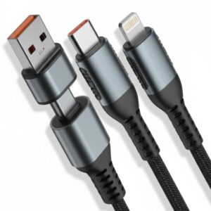 MEGAVAUDIO 3-in-1 Fast Charging Cable | 120W 5A Max | Lightning & Type-C Compatible | Nylon Braided | Black | 1M