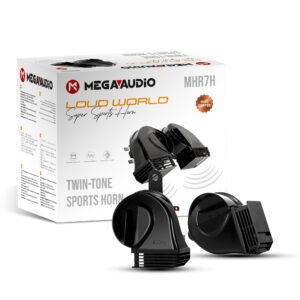 MEGAAUDIO Twin-Tone Sports Car Horn (MHR7H) – 100% Copper Coil, 118 dB Super Loud Dual Tone (400Hz + 500Hz), Universal 12V Disc Horn for Cars, SUVs & Bikes (Pack of 2, Black)