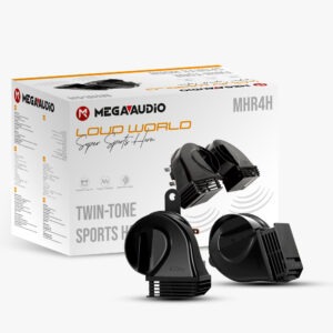 MEGAAUDIO Twin-Tone Sports Car Horn MHR4H – 118 dB Super Loud Dual Tone (400Hz + 500Hz), 12V Disc Horn, Universal for Cars & SUVs (Pack of 2, Black)